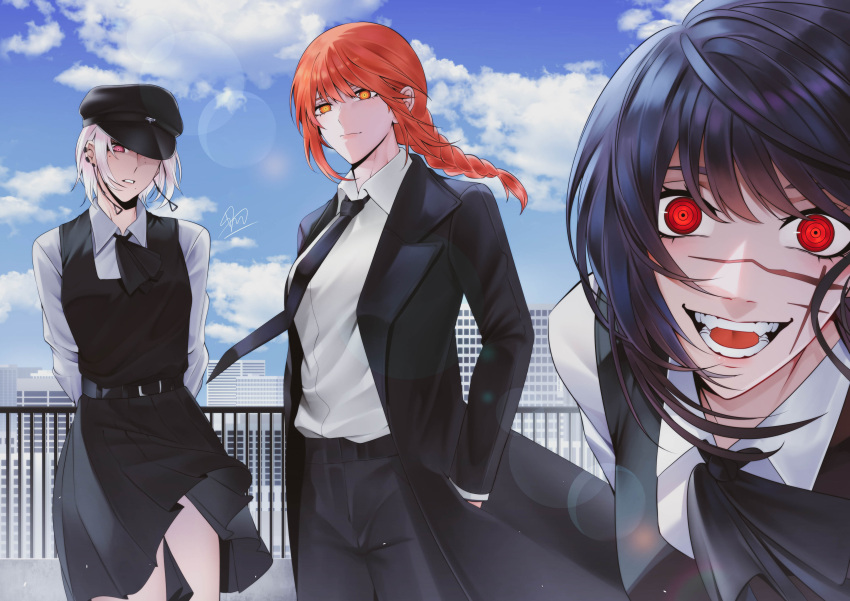 3girls absurdres artist_name asarizer black_hair braid chainsaw_man crazy_eyes demon_girl dress fami_(chainsaw_man) fourth_east_high_school_uniform highres long_hair looking_at_viewer makima_(chainsaw_man) medium_hair multiple_girls open_mouth pinafore_dress red_eyes red_hair ringed_eyes scar scar_on_face school_uniform sleeveless sleeveless_dress yoru_(chainsaw_man)