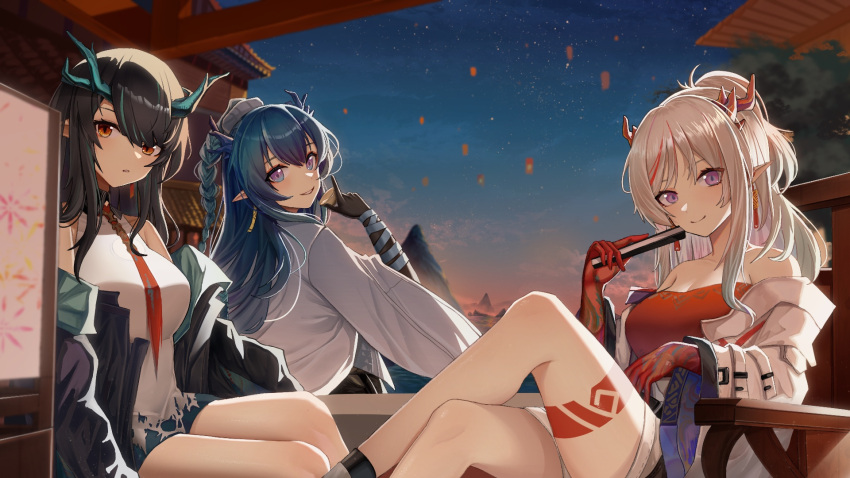 3girls architecture arknights bandeau bare_shoulders black_coat black_gloves black_hair blue_hair braid braided_ponytail breasts choko_(cup) cleavage closed_mouth coat colored_skin commentary crossed_legs cup dragon_girl dragon_horns dress dusk dusk_(arknights) earrings east_asian_architecture expressionless feet_out_of_frame folding_fan gloves green_hair hand_fan highres holding holding_cup holding_fan horns jewelry lantern_festival large_breasts leg_tattoo ling_(arknights) long_hair looking_at_viewer looking_back multicolored_hair multicolored_skin multiple_girls mutianliaonaicha necktie nian_(arknights) off_shoulder open_clothes open_coat outdoors parted_lips pointy_ears purple_eyes red_bandeau red_eyes red_hair red_necktie red_skin short_dress sitting sky sleeveless sleeveless_dress smile star_(sky) starry_sky streaked_hair tassel tassel_earrings tattoo two-tone_hair white_coat white_dress white_hair wrist_wrap