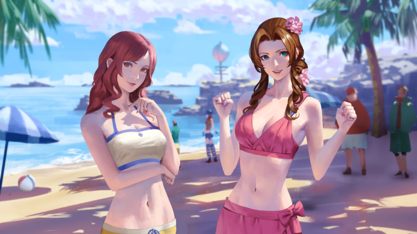 3girls aerith_gainsborough aerith_gainsborough_(pink_mermaid) ball beach beachball bikini bikini_skirt brown_eyes brown_hair cissnei crisis_core_final_fantasy_vii final_fantasy final_fantasy_vii final_fantasy_vii_rebirth final_fantasy_vii_remake green_eyes highres kyrie_canaan multiple_girls navel ocean official_alternate_costume open_mouth palm_tree phamoz smile stomach swimsuit tree