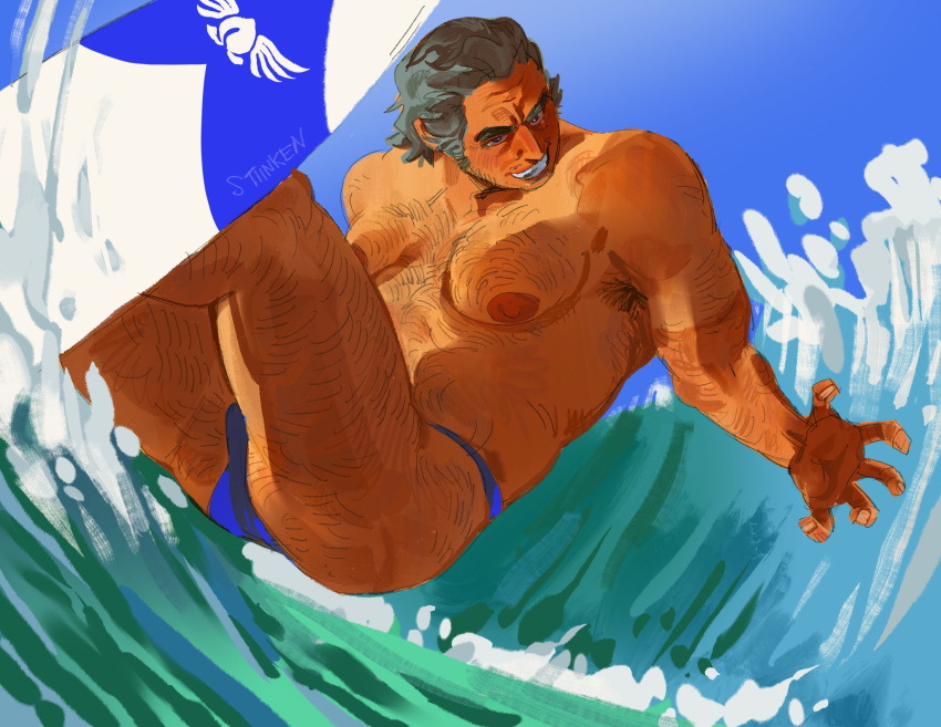 1boy adachi_koichi armpit_peek bara belly bulge day facial_hair grey_hair hairy happy highres long_sideburns male_focus male_swimwear mature_male mustache_stubble nipples ocean old old_man plump ryuu_ga_gotoku_(series) ryuu_ga_gotoku_7 short_hair sideburns sideburns_stubble smile solo stubble surfboard surfing swim_briefs tan teva_(stiinken) thick_arm_hair thick_chest_hair thick_leg_hair topless_male water waves wrinkled_fabric