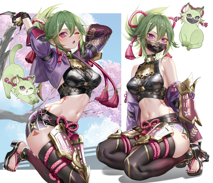 1girl absurdres animalization bare_shoulders black_shirt black_thighhighs blue_sky breasts cat commentary_request crop_top day genshin_impact green_hair highres jacket kuki_shinobu long_sleeves looking_at_viewer mask medium_breasts midriff mouth_mask multiple_views nail_polish navel off_shoulder one_eye_closed open_clothes open_jacket open_mouth pottsness purple_eyes purple_jacket seiza shirt short_hair short_shorts shorts sitting sky sleeveless sleeveless_shirt stomach thighhighs thighs toenail_polish toenails