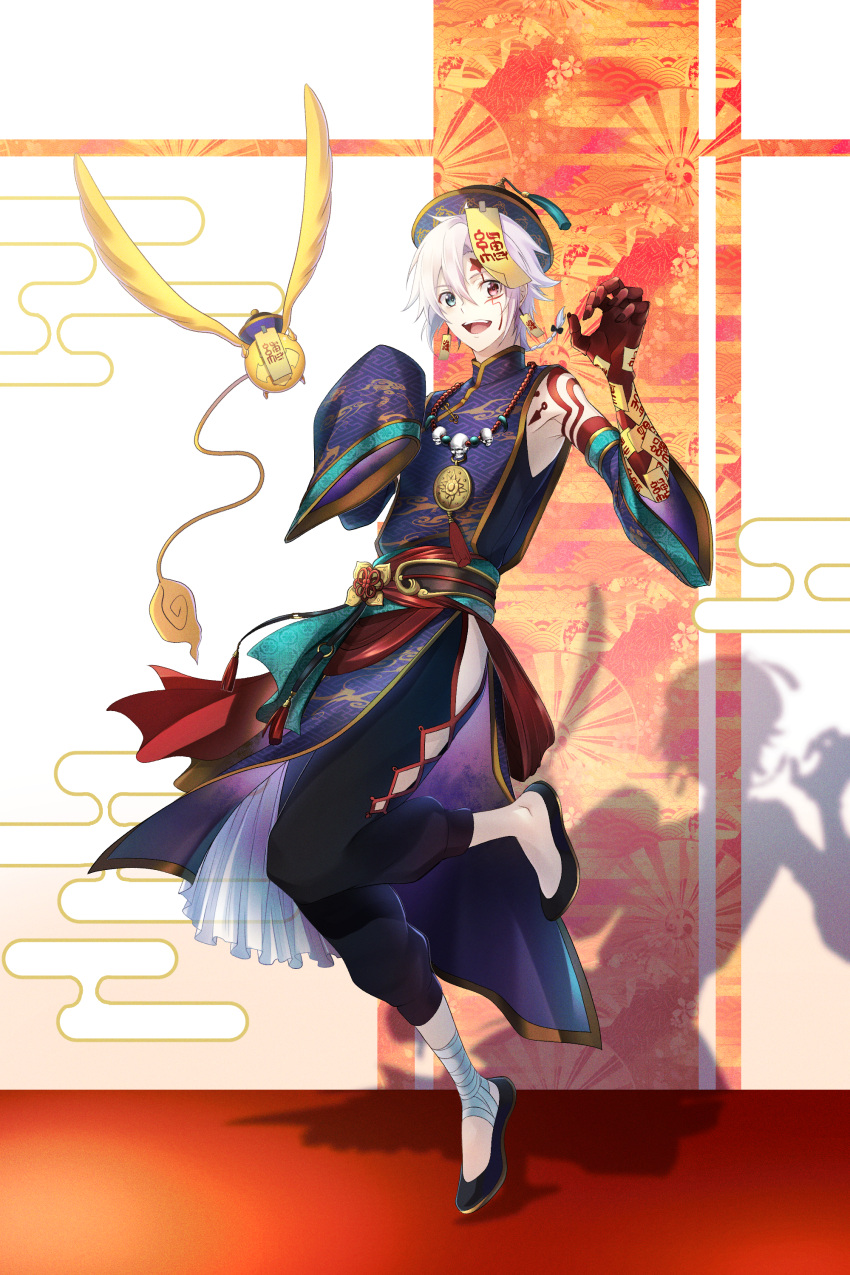 1boy absurdres allen_walker alternate_costume bandaged_ankle body_markings braid chinese_clothes claw_pose colored_skin d.gray-man facial_mark fukuzawa_yukichi_(egoist867) full_body grey_eyes hair_between_eyes heterochromia highres jewelry jiangshi jiangshi_costume long_sleeves looking_at_viewer male_focus multicolored_skin necklace open_mouth red_eyes red_skin shadow short_hair sleeves_past_fingers sleeves_past_wrists smile solo standing standing_on_one_leg timcanpy white_hair wide_sleeves