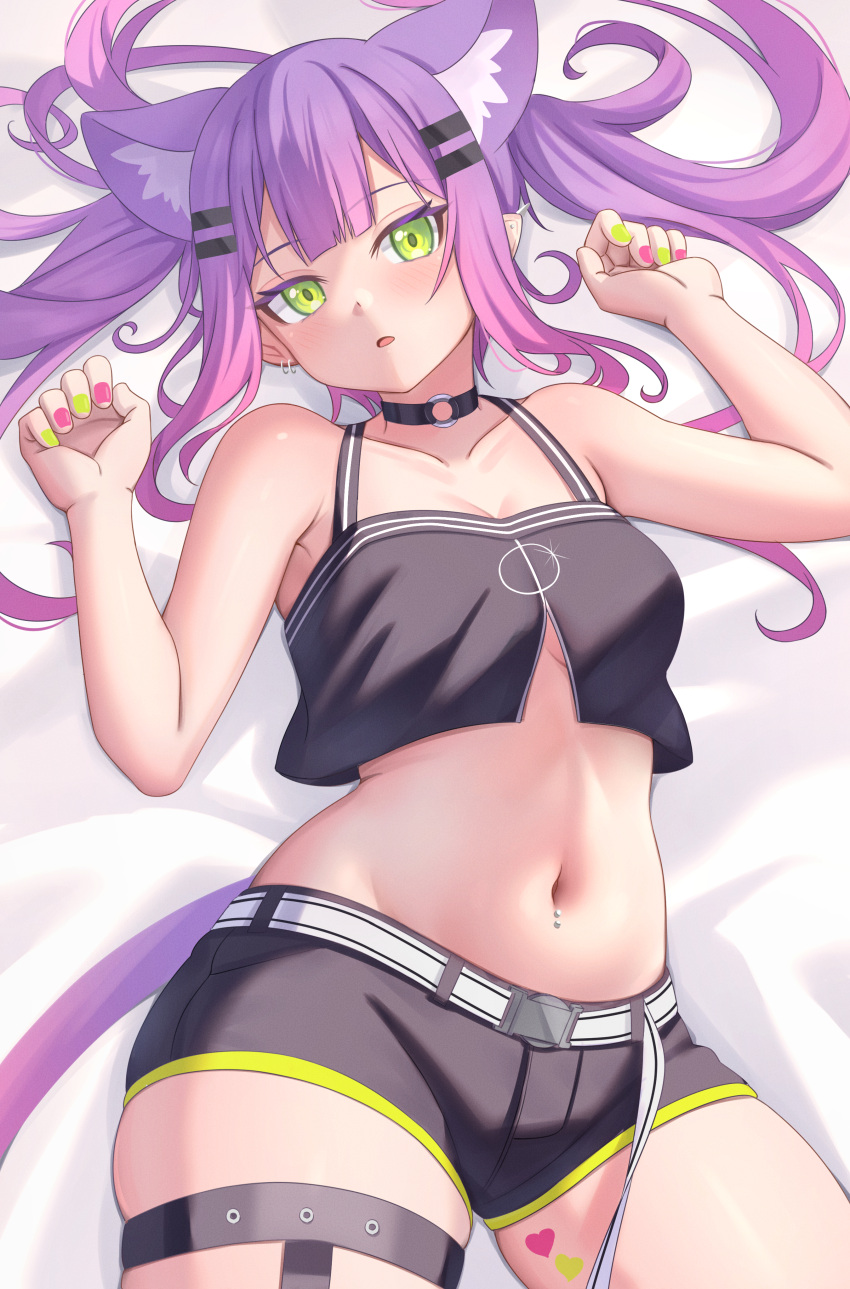 1girl absurdres animal_ear_fluff animal_ears aoi_zerii black_tank_top blush breasts cat_ears cat_girl cat_tail choker ear_piercing green_eyes hair_between_eyes hair_ornament hairclip highres hololive long_hair looking_at_viewer medium_breasts multicolored_hair navel navel_piercing piercing pink_hair purple_hair shorts solo streaked_hair tail tank_top thighs tokoyami_towa tokoyami_towa_(1st_costume) twintails virtual_youtuber