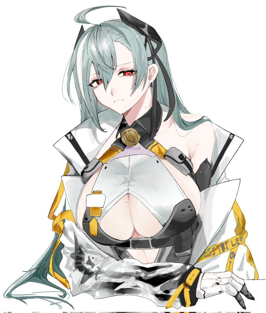 1girl :c ahoge bisaytin breasts cleavage corrupted_twitter_file earrings frown girls'_frontline green_hair headgear highres jewelry long_hair looking_at_viewer ltlx_7000_(girls'_frontline) mole mole_on_breast mole_on_neck multicolored_hair red_eyes simple_background solo streaked_hair upper_body white_background white_hair