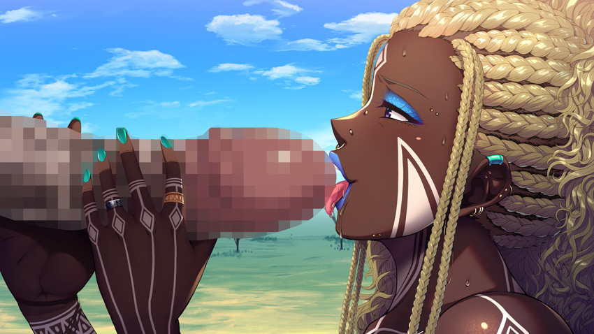 1boy 1girl aqua_nails blonde_hair blue_eyeshadow blue_lips blue_sky bodypaint breasts censored cloud cornrows dark-skinned_female dark_skin day ear_piercing earrings eyeshadow facepaint fellatio from_side game_cg huge_breasts iki_sugi_ibunka_kouryuu_~seiso_hitozuma_ntr_ochi!~ inouenanaki jewelry licking licking_penis makeup mosaic_censoring non-web_source open_mouth oral outdoors penis penis_grab piercing ring sky solo_focus tongue tongue_out very_dark_skin yushima_mizuki