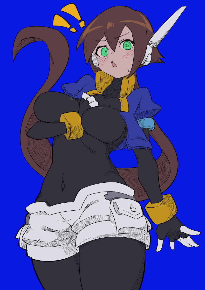 ! !! 1girl absurdres aile_(mega_man_zx) arm_between_breasts between_breasts blue_background blue_jacket blush bodysuit bodysuit_under_clothes breasts brown_hair buzzlyears covered_collarbone covered_navel cowboy_shot cropped_jacket glowing glowing_eyes green_eyes highres jacket large_breasts long_hair looking_at_viewer mega_man_(series) mega_man_zx mega_man_zx_advent open_clothes open_jacket ponytail robot_ears shorts simple_background solo white_shorts