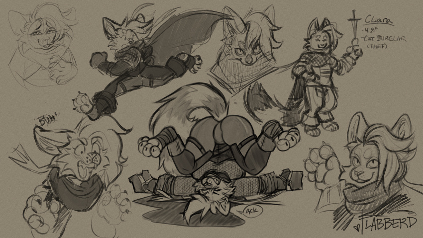 anthro balancing_object big_breasts blush blush_lines breasts cheek_tuft clara_(flabberd) cloak clothing facial_tuft felid feline female flabberd fluffy fluffy_ears fluffy_tail gesture hi_res holding_knife holding_object humanoid knife long_tail mammal pawpads paws rogue running running_away scarf shocked_expression sketch sketch_page solo surprised_expression tail thief tuft upside_down waving waving_at_viewer waving_hand