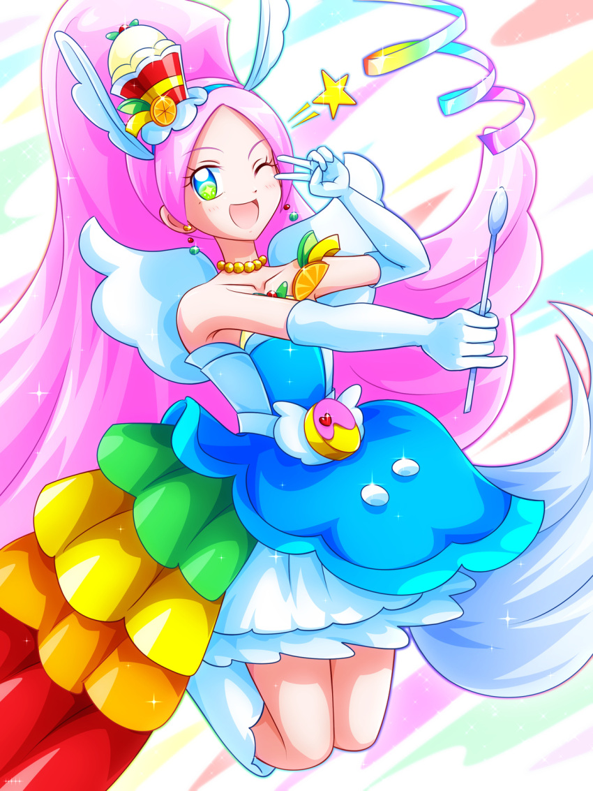 1girl animal_ears bare_shoulders berry blush boots choker collarbone commentary_request cure_parfait dress earrings elbow_gloves food food-themed_hair_ornament fruit gloves hair_ornament headband highres holding holding_wand horse_ears jewelry kirakira_precure_a_la_mode kiwi_(fruit) leaf lemon long_hair magical_girl mimimix multicolored_eyes one_eye_closed open_mouth orange_(fruit) parfait pearl_choker pearl_earrings pink_hair ponytail precure solo sparkle sparkling_eyes star_(symbol) strapless strapless_dress tail v wand white_footwear white_gloves white_tail white_wings wings