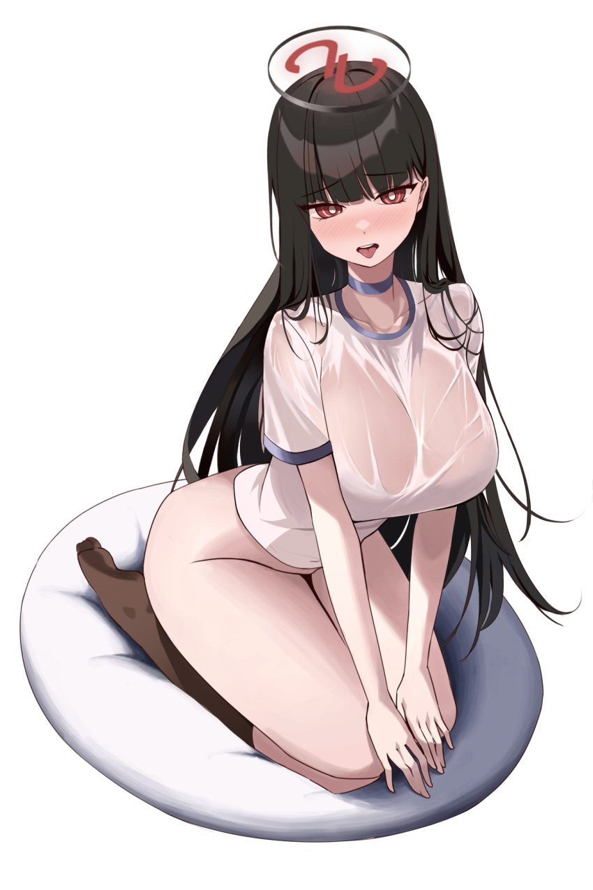 1girl black_hair black_socks blue_archive blush breasts full_body gym_shirt hair_ornament hairpin halo highres large_breasts long_hair looking_at_viewer magya416 open_mouth red_eyes revision rio_(blue_archive) see-through see-through_shirt shirt short_sleeves simple_background socks solo tongue tongue_out wet wet_clothes wet_shirt white_background white_shirt