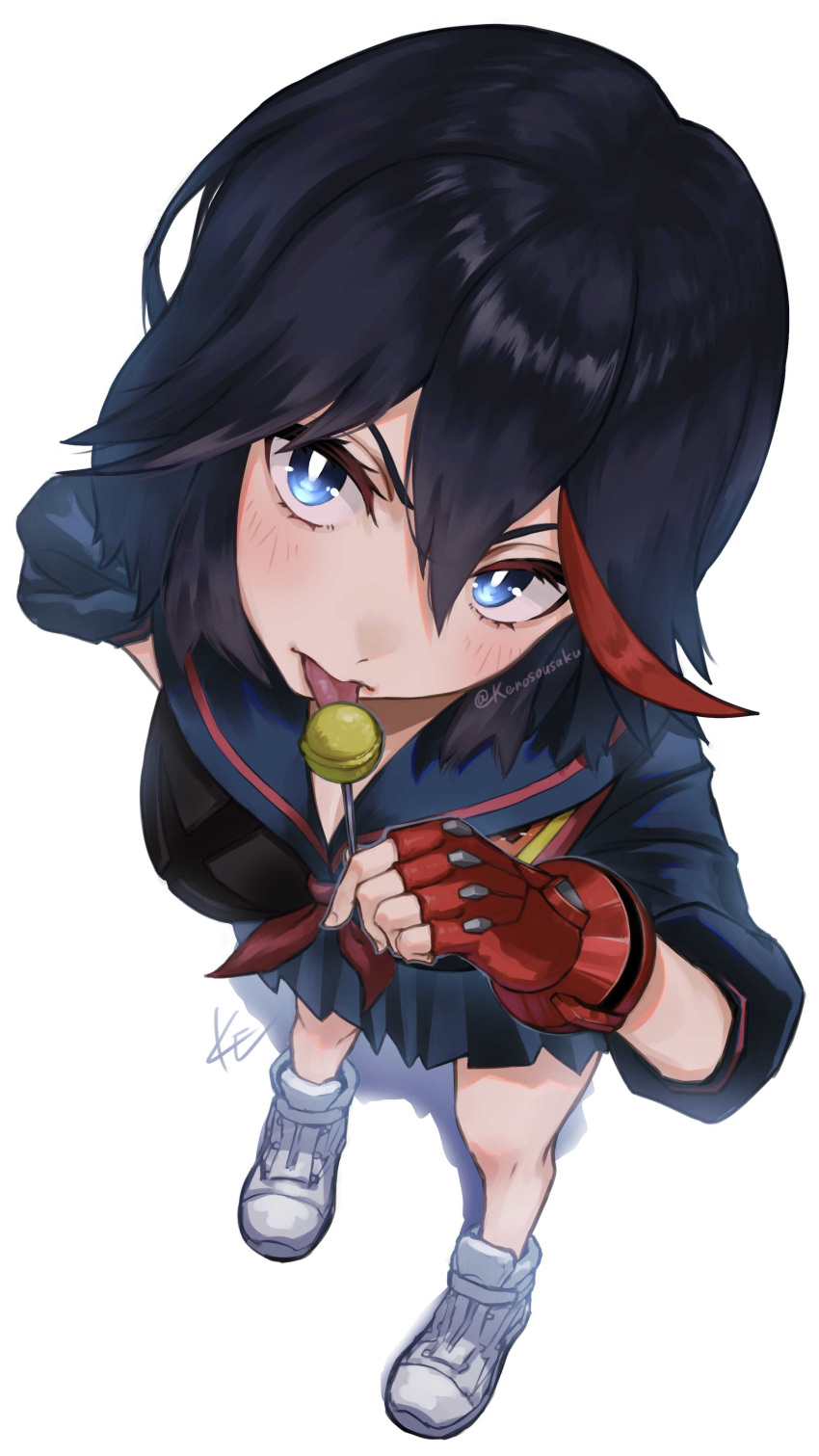 1girl absurdres black_hair black_shirt black_skirt blue_eyes breasts candy commentary_request fingerless_gloves food from_above full_body gloves hair_between_eyes highres holding holding_candy holding_food holding_lollipop kenosousaku kill_la_kill life_fiber lollipop looking_at_viewer looking_up matoi_ryuuko medium_breasts multicolored_hair perspective red_gloves red_hair school_uniform senketsu shirt short_hair skirt solo streaked_hair tongue tongue_out twitter_username two-tone_hair white_background white_footwear