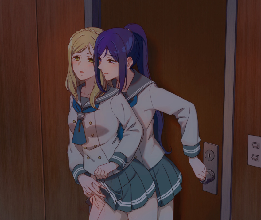 2girls blonde_hair blue_neckerchief blush braid commentary_request crown_braid green_skirt grey_sailor_collar highres indoors leg_between_thighs light_switch locking long_hair long_sleeves love_live! love_live!_sunshine!! matsuura_kanan multiple_girls neckerchief nyasa ohara_mari parted_lips pleated_skirt ponytail purple_eyes purple_hair pussy_juice reach-around sailor_collar school_uniform shirt skirt smile uranohoshi_school_uniform white_shirt yellow_eyes yuri