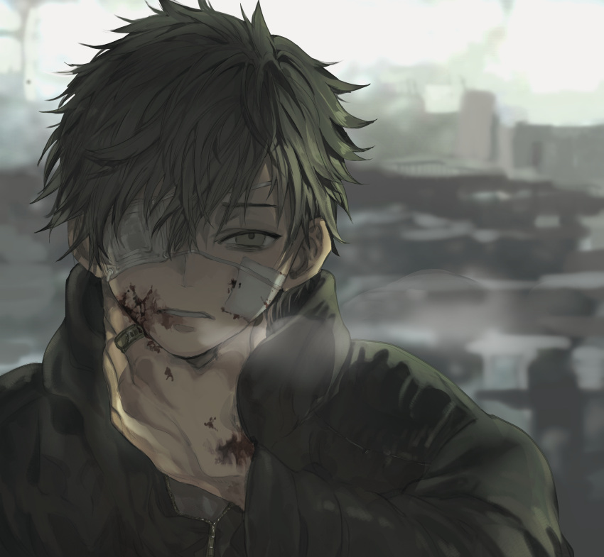 1boy absurdres backlighting bandaid bandaid_on_hand blood blood_on_cheek blood_on_face blood_on_hands blurry breath collared_jacket depth_of_field eyepatch gauze_on_cheek green_hair grey_eyes hair_between_eyes hand_on_own_neck highres jacket light_frown looking_at_viewer male_focus medical_eyepatch momomosae morning one_eye_covered original parted_lips portrait short_hair solo teeth tsurime upper_teeth_only winter winter_clothes zipper