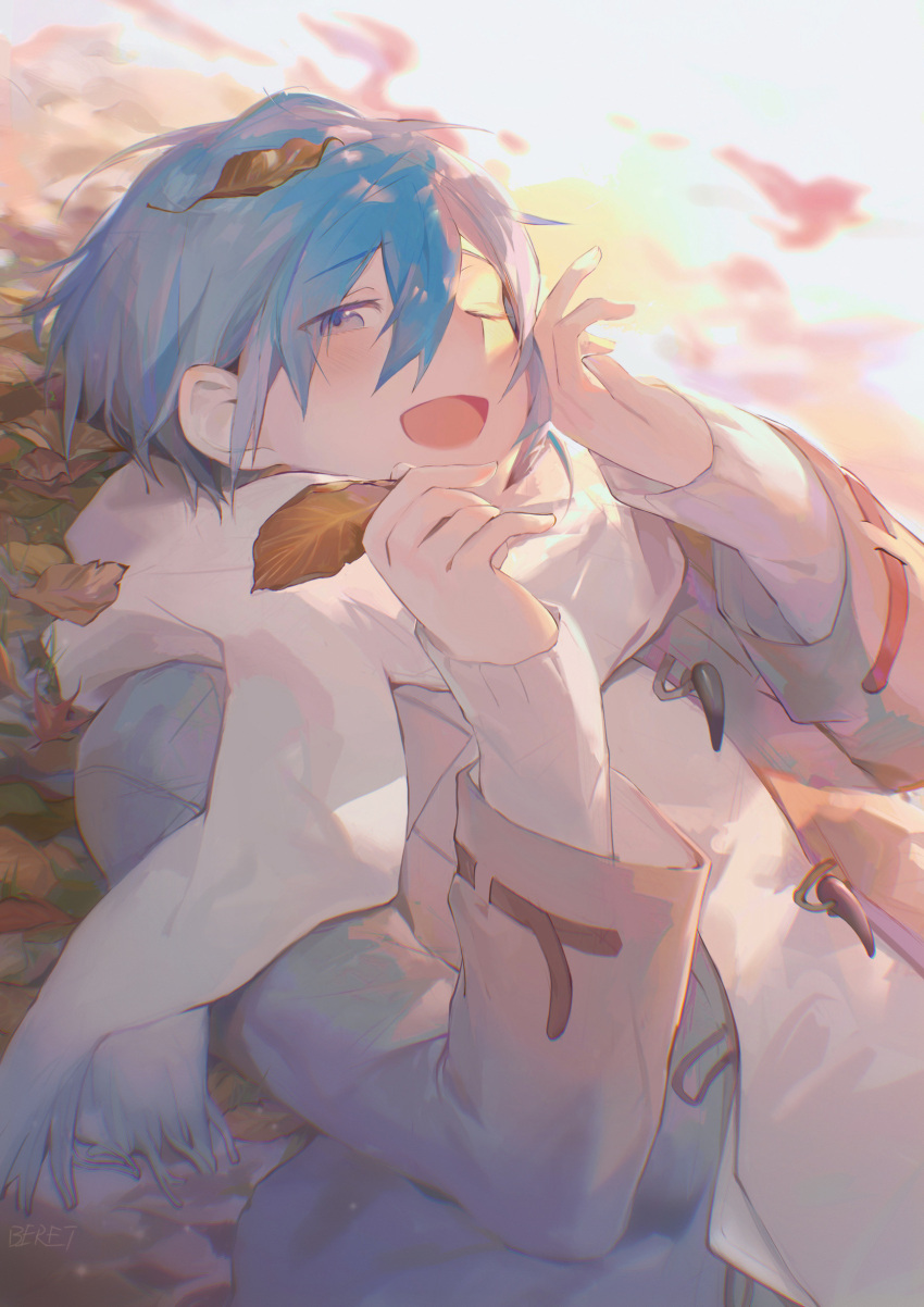 1boy autumn_leaves beileimao blue_eyes blue_hair blush coat grey_coat hair_between_eyes hands_up happy highres holding holding_leaf kaito_(vocaloid) leaf leaf_on_head looking_at_viewer lying male_focus on_back on_ground one_eye_closed open_clothes open_coat open_mouth scarf short_hair sidelighting signature solo upper_body vocaloid white_scarf