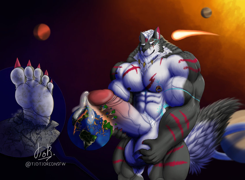 abs absurd_res anthro artist_name balls barefoot biceps big_balls big_penis bodily_fluids canid canine canis claws destruction digital_media_(artwork) earth erection feet foot_fetish fur fur_markings genital_fluids genitals grey_body grey_fur hair hi_res huge_balls huge_penis humanoid_genitalia humanoid_penis hyper hyper_balls hyper_genitalia hyper_penis jupiter_(planet) legs macro male mammal markings mars_(planet) meteor moon multicolored_body muscular muscular_anthro muscular_male night nipples nude outside paws pecs penis piercing planet planet_destruction plant precum saturn_(planet) shaded signature sky smile solo space star tail terra_macro tiotiored tiramisu_(michaelkuo) toes tuft vein veiny_penis white_body white_fur white_hair wolf