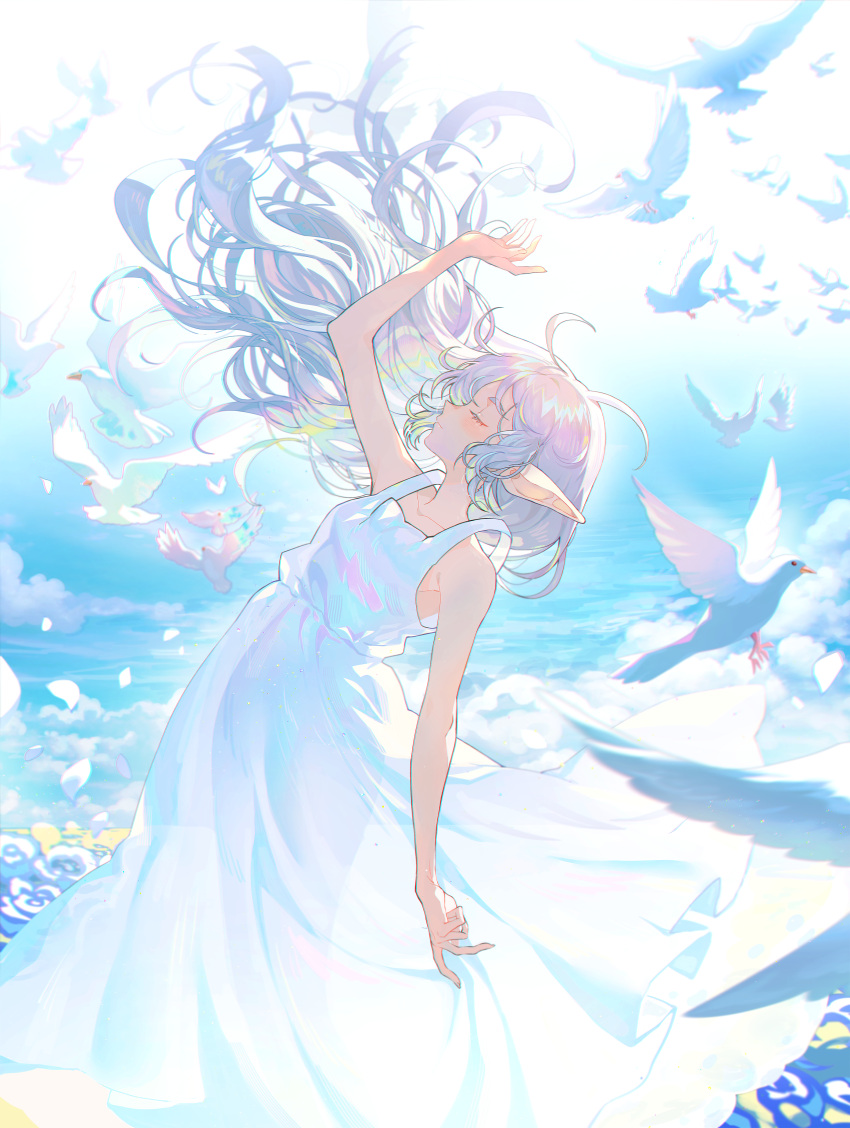 1girl absurdres arm_up bare_arms bare_shoulders bird blush closed_eyes closed_mouth commentary_request day dove dress elf feet_out_of_frame floating floating_clothes frieren grey_hair highres leaning_back light_smile long_dress long_hair long_pointy_ears ocean outdoors pointy_ears profile savi_(byakushimc) see-through_silhouette short_eyebrows sleeveless sleeveless_dress solo sousou_no_frieren standing sundress very_long_hair water white_bird white_dress