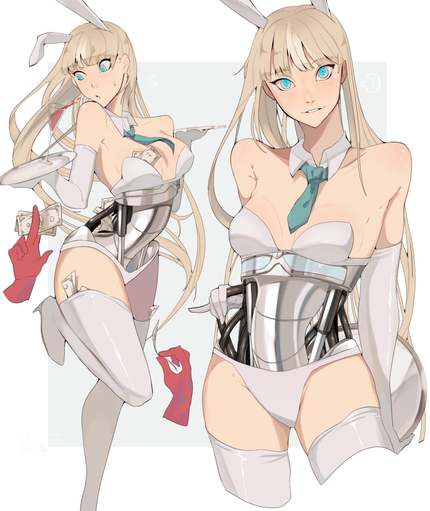 :o ? absurdres animal_ears aqua_eyes banknote bare_shoulders blonde_hair bra collarbone contrapposto detached_collar dollar_bill ecomoesty head_tilt high_heels highres long_hair money necktie nontraditional_playboy_bunny original panties prostitution rabbit_ears robot_girl smile thighhighs underwear white_bra white_panties white_thighhighs