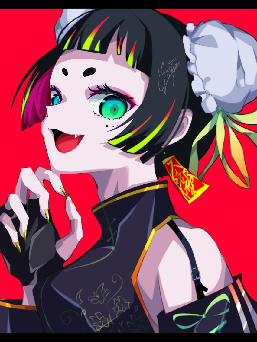 1girl black_hair china_dress chinese_clothes double_bun dress earrings fang fingerless_gloves gloves goma_irasuto green_eyes hair_bun happy highres hime_cut jewelry looking_at_viewer nail_polish open_mouth original red_background signature smile solo
