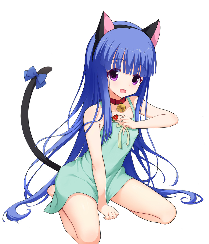 1girl :d absurdres animal_ears arm_support bare_arms bare_shoulders bell belt_collar between_legs blue_bow blunt_bangs blunt_ends bow cat_ears cat_tail chinese_commentary collar collarbone colored_eyelashes commentary dress fake_animal_ears fake_tail flat_chest food fruit full_body furude_rika green_dress hair_spread_out hand_between_legs hand_up happy highres higurashi_no_naku_koro_ni hime_cut holding holding_food holding_fruit jingle_bell light_blush long_hair looking_at_viewer meitoku neck_bell open_mouth purple_eyes short_dress sidelocks sitting sleeveless sleeveless_dress smile solo straight_hair strawberry tail tail_bow tail_ornament tail_raised tareme thighs very_long_hair wariza