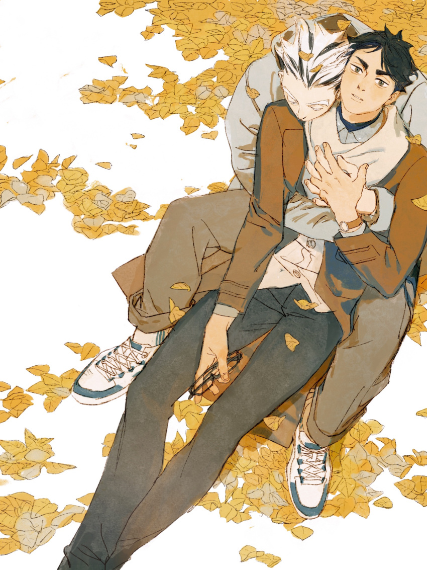 2boys akaashi_keiji autumn autumn_leaves black_hair black_pants bokuto_koutarou brown_coat brown_pants chengongzi123 closed_eyes coat full_body green_eyes grey_jacket haikyuu!! hand_up highres hood hood_down hooded_jacket hug hug_from_behind jacket long_sleeves looking_at_viewer male_focus multicolored_hair multiple_boys pants parted_lips scarf shoes short_hair sitting sneakers streaked_hair thick_eyebrows very_short_hair white_background white_footwear white_hair yaoi