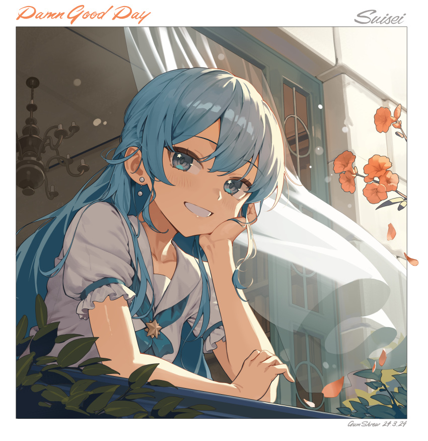 1girl absurdres arm_rest artist_name blue_eyes blue_hair border ceiling chandelier character_name curtains dated earrings falling_petals grin gum_shrew head_rest highres hololive hoshimachi_suisei jewelry leaf leaning_out_of_window long_hair looking_at_viewer petals puffy_short_sleeves puffy_sleeves red_footwear short_sleeves smile solo star_(symbol) star_in_eye symbol_in_eye teeth virtual_youtuber white_border windowsill