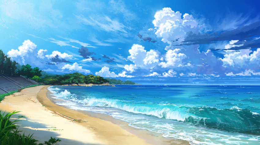 absurdres beach bird blue_sky cloud cloudy_sky day grass highres horizon karasu_100 no_humans ocean original outdoors sand scenery shore sky stairs water waves