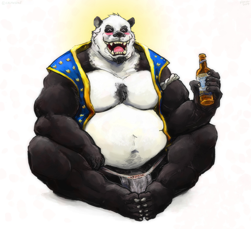 alcohol anthro aokamidu bear beer_bottle belly beverage big_belly blush bottle clothing container eyes_closed fangs flaccid genitals giant_panda jockstrap male mammal overweight penis smile solo teeth underwear