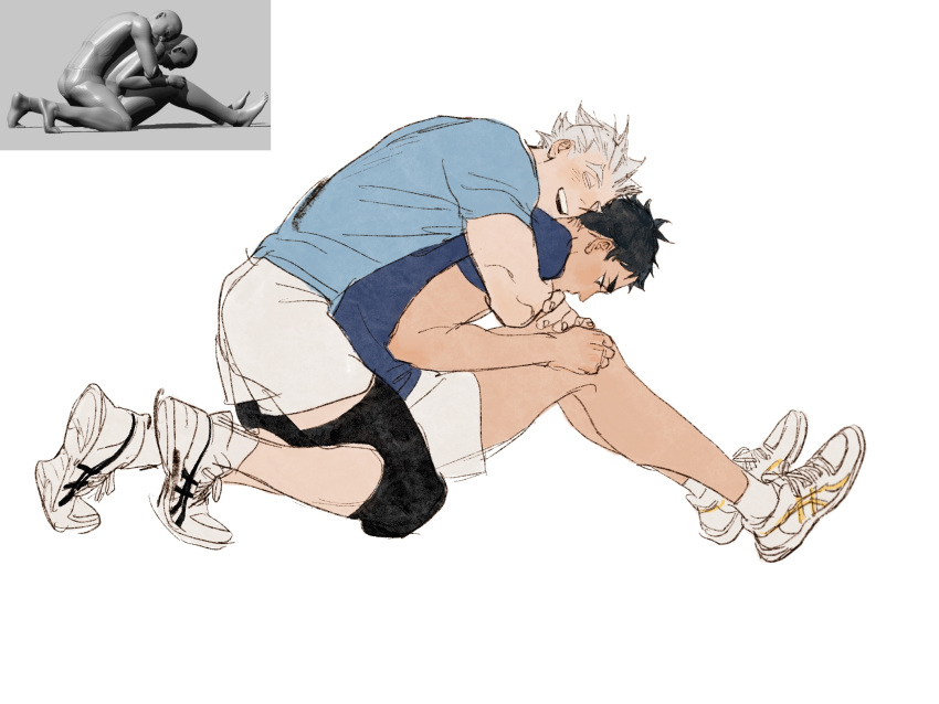 2boys akaashi_keiji black_eyes black_hair blue_shirt bokuto_koutarou chengongzi123 closed_eyes closed_mouth english_commentary full_body grey_hair haikyuu!! highres hug hug_from_behind knee_pads kneeling looking_down male_focus multiple_boys open_mouth reference_inset shirt shoes short_hair short_sleeves shorts simple_background sitting sneakers t-shirt thick_eyebrows very_short_hair white_background white_footwear white_shorts yaoi