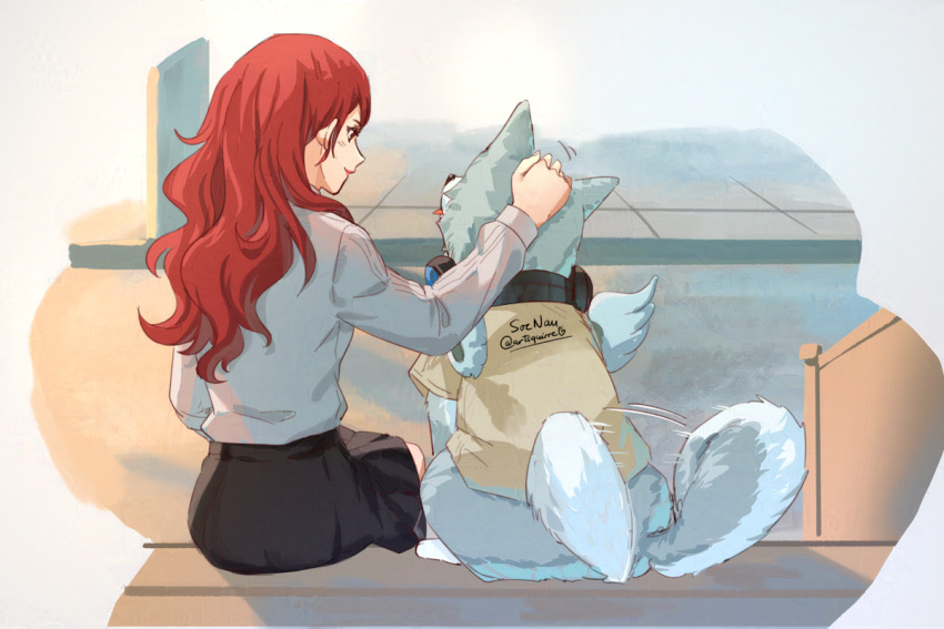 1girl animal black_skirt closed_mouth commentary dog english_commentary from_behind grey_fur headpat kirijou_mitsuru koromaru_(persona) long_hair long_sleeves looking_at_another outdoors persona persona_3 petting red_eyes red_hair shirt sitting skirt smile soc_nau white_shirt white_wings wings