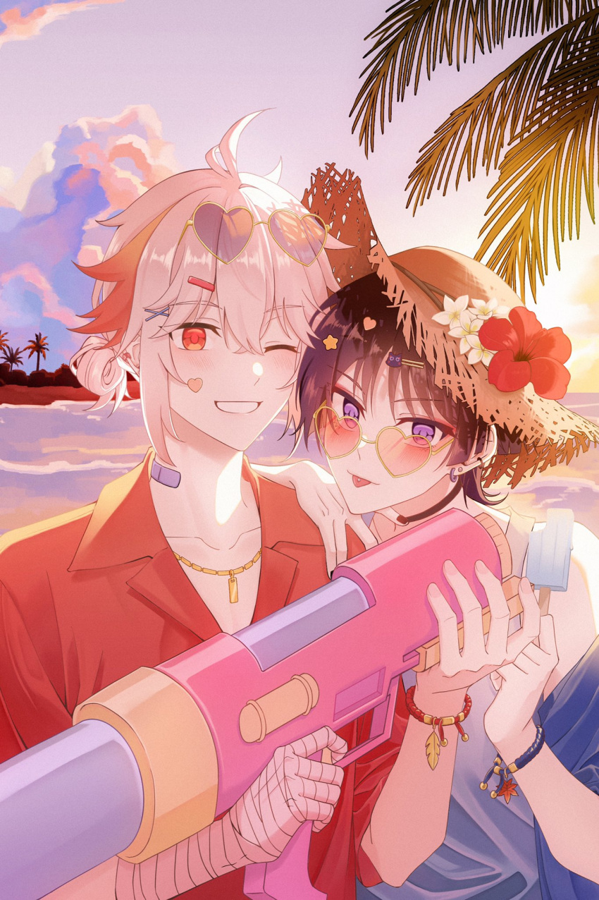 2boys bandaged_arm bandaged_hand bandages bandaid bandaid_on_neck beach black_hair food genshin_impact hair_between_eyes hat heart heart-shaped_eyewear highres holding holding_food holding_popsicle holding_water_gun jewelry kaedehara_kazuha male_focus multicolored_hair multiple_boys necklace ocean ponytail popsicle purple_eyes red-framed_eyewear red_eyes red_hair red_shirt scaramouche_(genshin_impact) shirt short_hair streaked_hair sunset teeth tongue tongue_out water_gun white_hair woon_silver