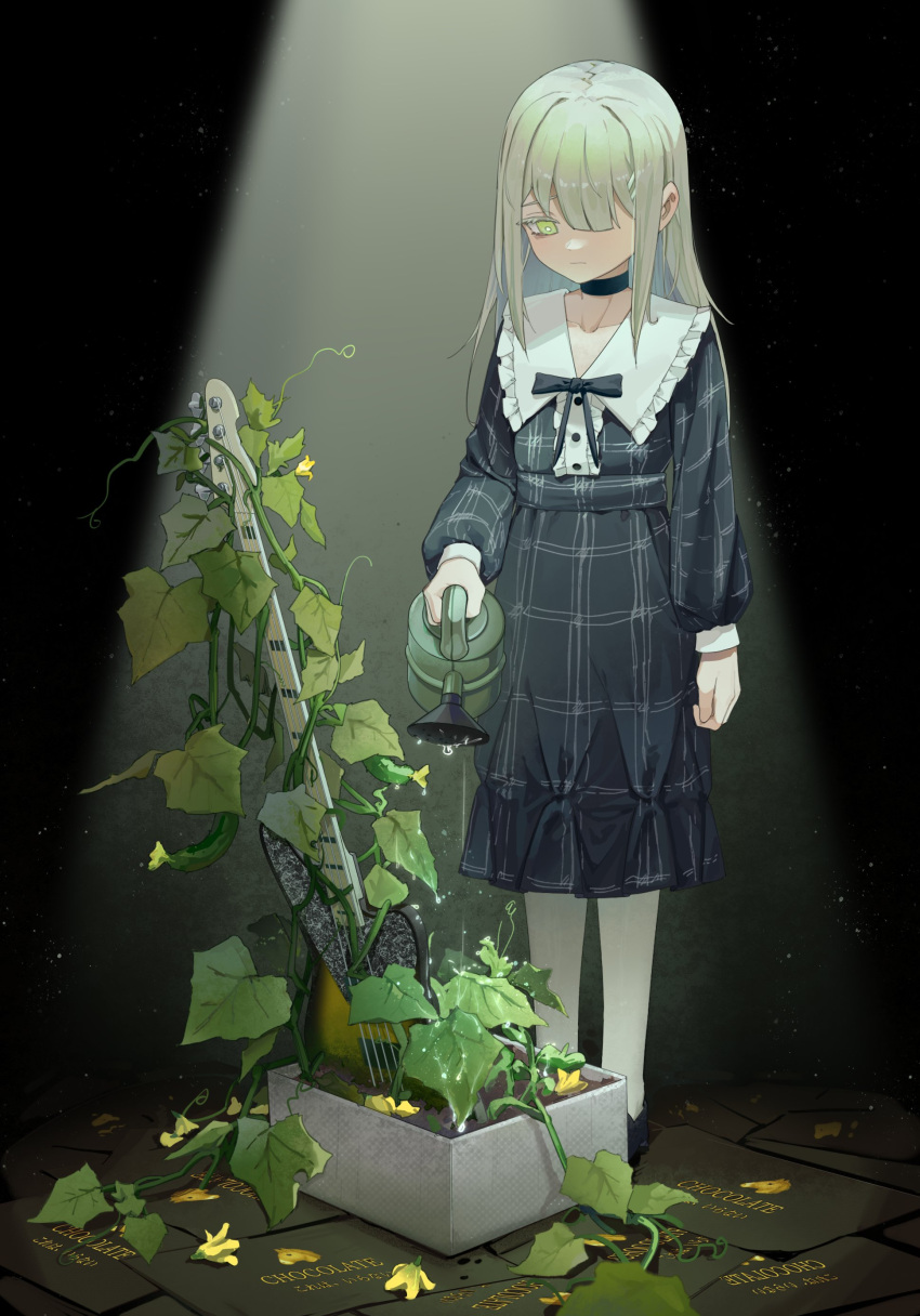 1girl absurdres bang_dream! bang_dream!_it's_mygo!!!!! commentary cucumber cucumber_plant green_eyes green_hair guitar hair_over_one_eye hashtag_only_commentary highres holding holding_watering_can instrument long_hair mygo!!!!!_(bang_dream!) plant song73280469 spotlight wakaba_mutsumi water watering watering_can