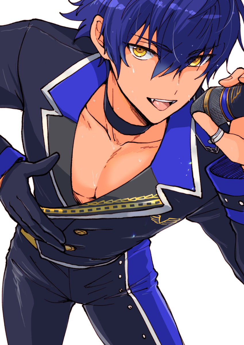 1boy black_choker black_gloves black_jacket black_pants blue_hair choker ensemble_stars! fangs gloves hair_between_eyes hand_on_own_chest highres holding holding_microphone idol jacket jewelry leaning_forward looking_at_viewer male_focus microphone music pants parted_lips pectoral_cleavage pectorals ring sazanami_jun short_hair singing smile solo sweatdrop teeth tongue toroi_(run01211) upper_body upper_teeth_only yellow_eyes