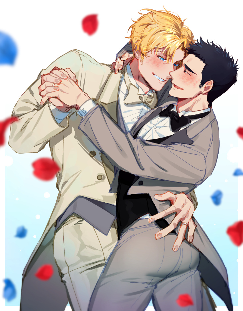 2boys absurdres ao_isami black_hair black_vest blonde_hair blush bow bowtie closed_eyes collared_shirt couple crazy_kinoko falling_petals grey_jacket grey_pants grey_vest highres jacket lewis_smith male_focus multiple_boys pants petals shirt short_hair smile vest white_jacket white_shirt yaoi yuuki_bakuhatsu_bang_bravern