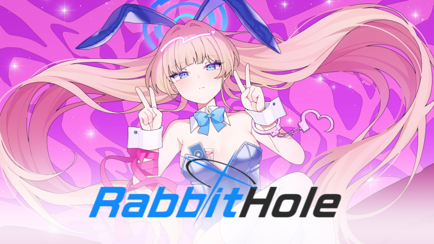 1girl animal_ear_hairband animal_ears artist_request blonde_hair blue_archive blue_eyes breasts cuffs detached_collar double_v expressionless fake_animal_ears hairband halo handcuffs highres long_hair looking_at_viewer medium_breasts rabbit_ear_hairband rabbit_ears rabbit_hole_(vocaloid) skindentation solo thighhighs toki_(blue_archive) toki_(bunny)_(blue_archive) v very_long_hair video_thumbnail white_thighhighs wrist_cuffs
