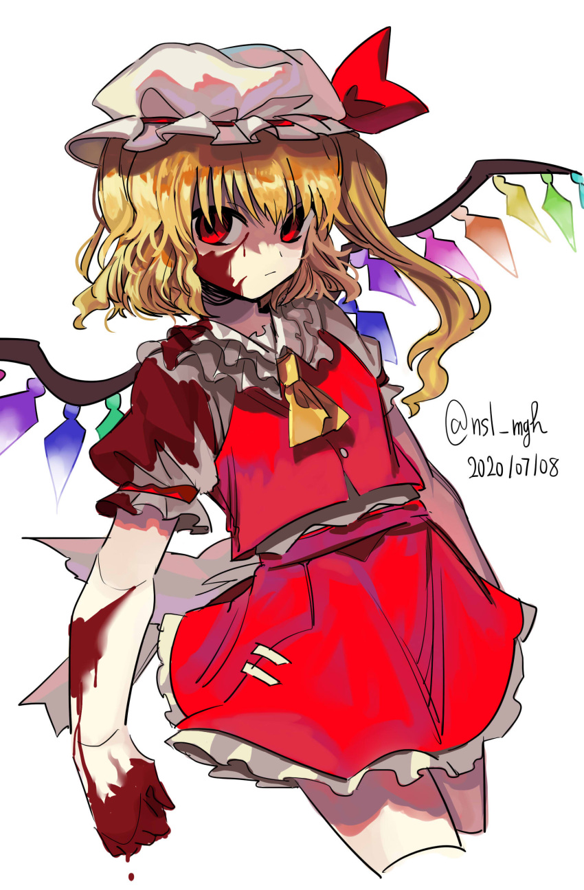 1girl absurdres ascot back_bow blonde_hair blood blood_on_clothes blood_on_face bow breasts buttons clenched_hand closed_mouth cowboy_shot cropped_legs dated flandre_scarlet frilled_skirt frills hat hat_ribbon highres ichirugi large_bow light_smile looking_at_viewer medium_hair mob_cap multicolored_wings one_side_up puffy_short_sleeves puffy_sleeves red_eyes red_ribbon red_skirt red_vest ribbon ribbon-trimmed_headwear ribbon_trim shirt short_sleeves simple_background skirt skirt_set sleeve_ribbon small_breasts solo touhou twitter_username vest white_background white_bow white_hat white_shirt wings yellow_ascot