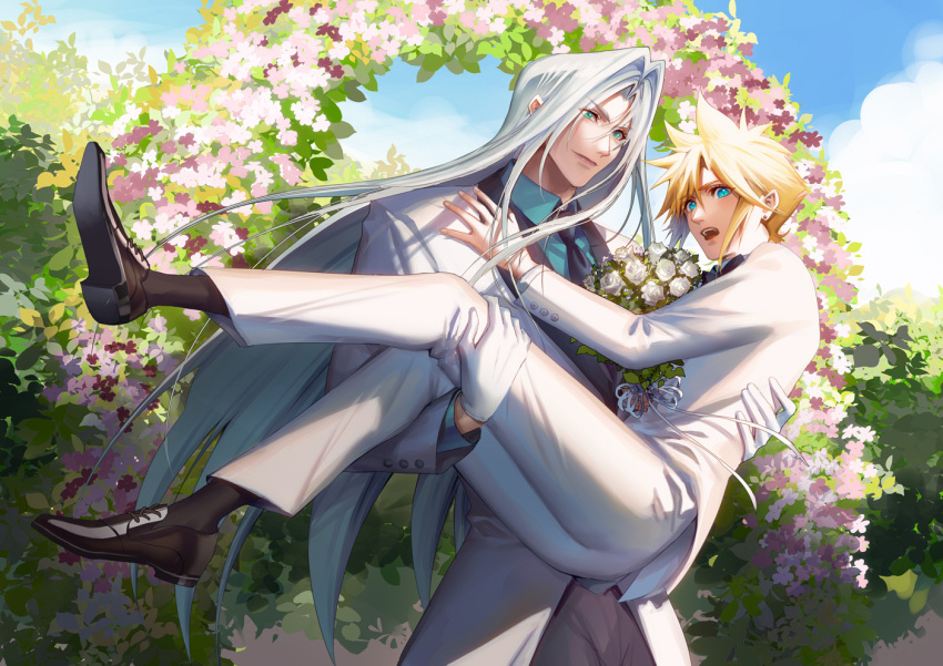 2boys black_bow black_bowtie black_footwear black_necktie black_pants black_socks blonde_hair blue_eyes blue_shirt blue_sky blush bouquet bow bowtie carrying cloud cloud_strife cloudy_sky collared_shirt day dress_shirt dress_shoes earrings eilinna final_fantasy final_fantasy_vii flower foliage gloves green_eyes grey_hair hand_on_another's_back hand_on_another's_leg hand_on_another's_shoulder jewelry long_bangs long_hair looking_to_the_side male_focus multiple_boys necktie open_mouth outdoors pants parted_bangs pink_flower princess_carry purple_flower ribbon rose sephiroth shirt short_hair sky smile socks spiked_hair standing stud_earrings suit teeth upper_teeth_only very_long_hair wedding white_flower white_gloves white_ribbon white_rose white_suit yaoi