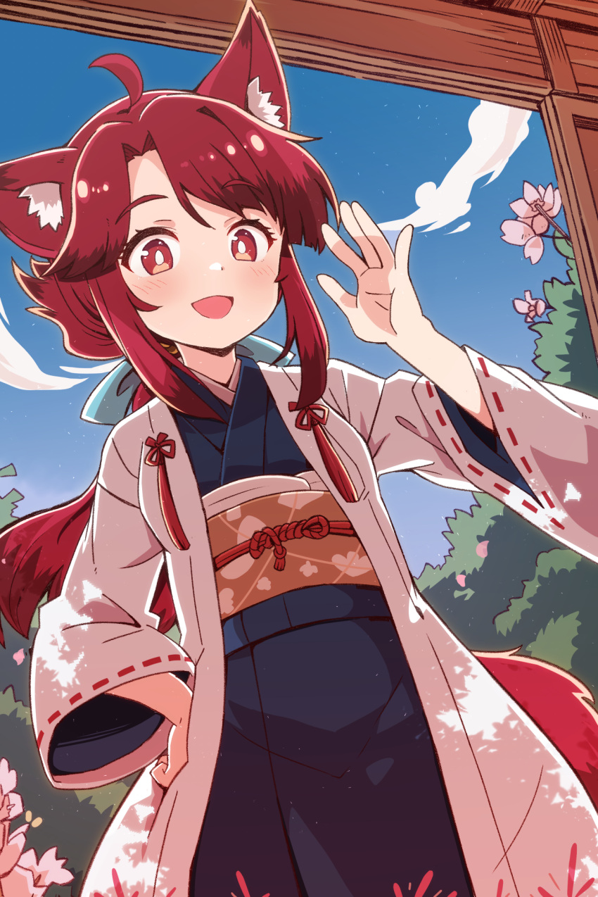 1girl ahoge animal_ears blue_kimono blue_sky bush cloud commentary_request cowboy_shot day flower fox_ears fox_girl fox_tail hand_on_own_hip hand_up haori highres jacket japanese_clothes kimono light_blush long_hair looking_at_viewer obi open_mouth original outdoors red_eyes red_hair red_ribbon red_tail ribbon sash sidelocks sky solo standing tail waving white_jacket yukinagi