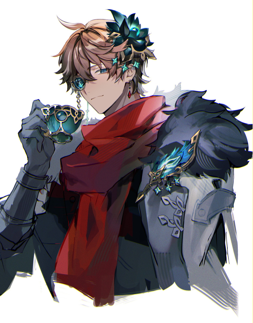 1boy absurdres ahoge aqua-tinted_eyewear artifact_(genshin_impact) black_flower black_gloves blue_eyes closed_mouth coat commentary_request crossed_bangs cup dangle_earrings earrings eyewear_strap feathers flower fur-trimmed_coat fur_trim genshin_impact gloves hair_between_eyes hair_flower hair_ornament highres holding holding_cup jewelry lapels long_sleeves looking_at_viewer male_focus monocle orange_hair plus_q red_scarf scarf short_hair simple_background single_earring smile solo tartaglia_(genshin_impact) teacup tinted_eyewear upper_body white_background white_coat