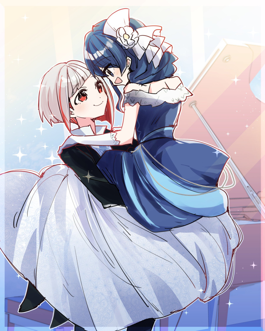 2girls :d blue_dress blue_eyes blue_hair bob_cut butler carrying carrying_person check_commentary closed_mouth colored_inner_hair commentary_request dark_blue_hair diagonal_bangs dress elbow_gloves eye_contact face-to-face female_butler flower gloves grey_hair hair_flower hair_ornament hair_over_shoulder highres inverted_bob kanduki_kamibukuro link!_like!_love_live! long_hair long_sleeves looking_at_another love_live! multicolored_hair multiple_girls murano_sayaka off-shoulder_dress off_shoulder official_alternate_costume open_mouth pant_suit pants princess red_eyes red_hair short_hair smile streaked_hair suit white_dress white_flower white_gloves yugiri_tsuzuri yuri