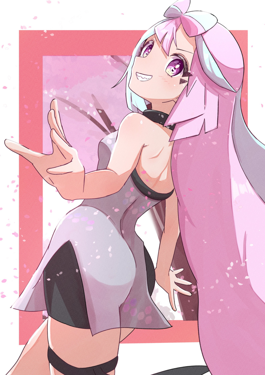 1girl absurdres ass black_shorts blue_hair bow-shaped_hair cherry_blossoms dress highres iono_(pokemon) long_hair looking_at_viewer no_jacket pink_eyes pink_hair pokemon pokemon_sv rono_(lethys) sharp_teeth shorts sleeveless sleeveless_dress solo teeth thigh_strap very_long_hair