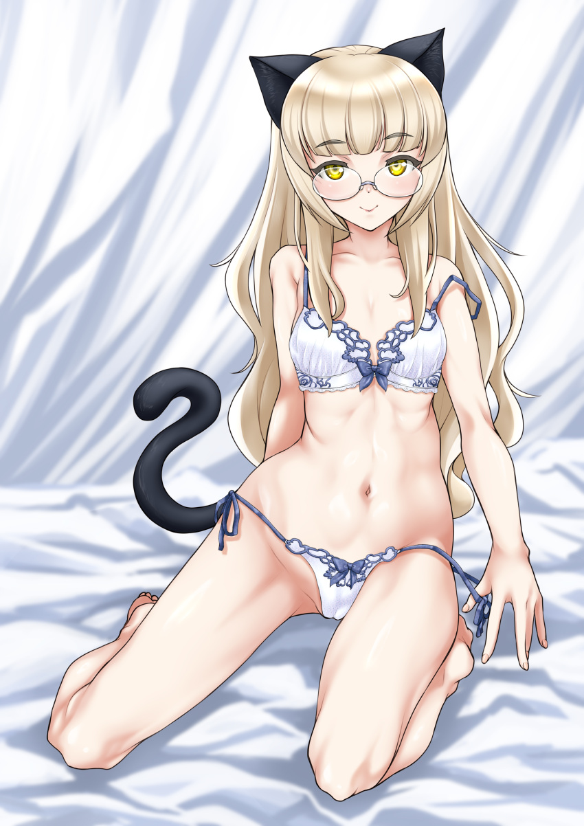 1girl absurdres animal_ears barefoot blonde_hair bra cat_ears cat_tail frilled_bra frills full_body glasses highres kneeling long_hair navel panties perrine_h._clostermann shiromitsu_suzaku side-tie_panties solo strap_slip strike_witches tail underwear white_bra white_panties world_witches_series yellow_eyes