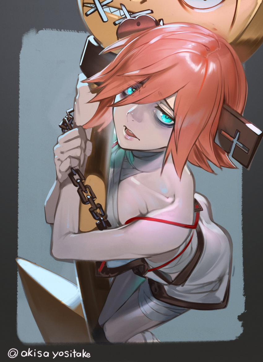 1girl a.b.a absurdres akisa_yositake bags_under_eyes bandaged_chest bandages bare_shoulders chain fingerless_gloves gloves green_eyes guilty_gear guilty_gear_xx hair_over_one_eye highres key key_in_head looking_at_viewer object_through_head paracelsus_(guilty_gear) red_hair short_hair stitched_mouth stitches