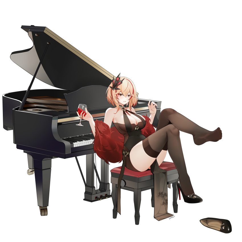 1girl absurdres artist_name azur_lane bare_shoulders black_dress black_footwear breasts brown_eyes brown_thighhighs chinese_commentary cleavage cup dress drinking_glass evening_gown feather_boa full_body hair_ornament halter_dress halterneck high_heels highres instrument large_breasts looking_at_viewer multicolored_hair official_alternate_costume orange_hair pelvic_curtain piano red_hair red_wine roon_(azur_lane) roon_(viridescent_lullaby)_(azur_lane) shoes short_hair simple_background sleeveless sleeveless_dress solo stiletto_heels streaked_hair thighhighs tight_clothes tight_dress two-tone_hair unworn_shoes white_background wine_glass xnnagu