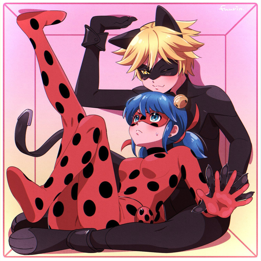 adrien_agreste animal_ears bell black_bodysuit black_mask blonde_hair blue_eyes blue_hair blush bodysuit cat_boy cat_ears highres jingle_bell ladybug_(character) maplebellll marinette_dupain-cheng miraculous_ladybug red_bodysuit red_mask short_twintails slit_pupils smile stuck superhero_costume twintails yellow_eyes