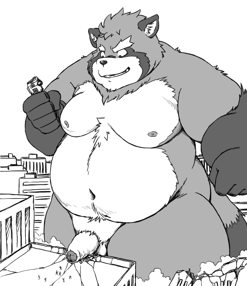 2024 anthro balls belly big_belly building canid canine dekatanu detailed_background genitals hi_res kemono macro male mammal moobs navel nipples outside overweight overweight_male penis raccoon_dog solo_focus tanuki