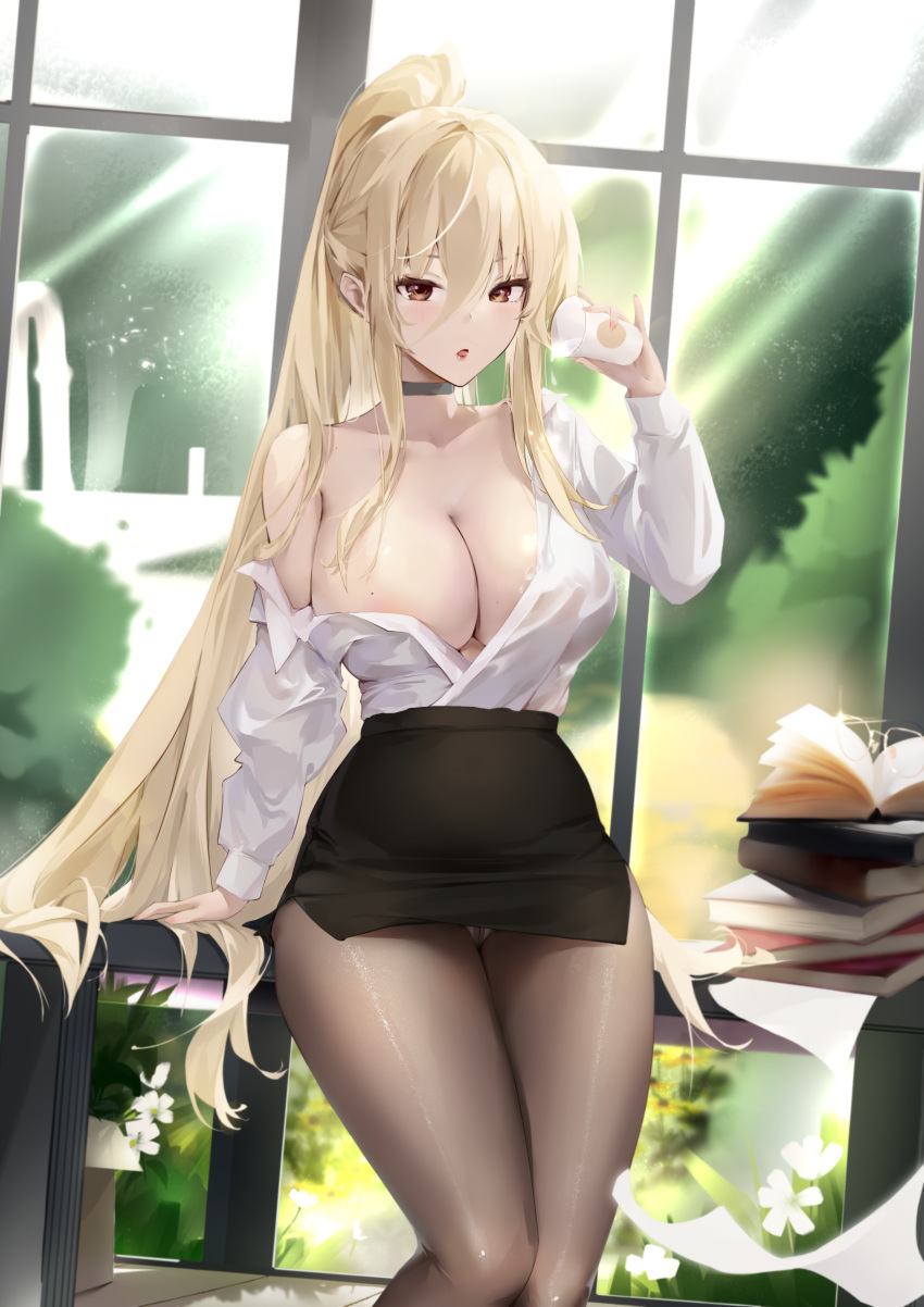 1girl absurdres areola_slip azur_lane black_choker black_pantyhose blonde_hair book book_stack breasts choker cleavage cup desk hair_between_eyes hand_up high-waist_skirt highres holding holding_cup implacable_(azur_lane) implacable_(shepherd_of_the_"lost")_(azur_lane) jiuxiaocan_yin large_breasts long_hair no_bra office_lady official_alternate_costume on_desk panties panties_under_pantyhose pantyhose pantyshot partially_unbuttoned pencil_skirt ponytail pouring pouring_onto_self shirt_slip shirt_tucked_in skirt underwear