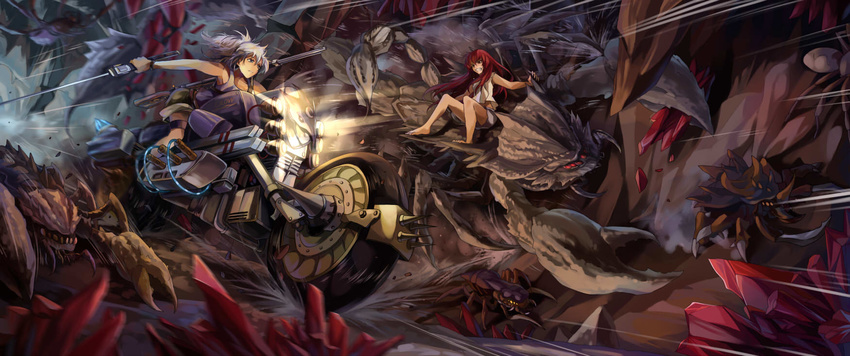 blurry clenched_teeth depth_of_field ground_vehicle gun highres holding long_hair monster motor_vehicle motorcycle multiple_girls neko_(yanshoujie) pixiv_fantasia pixiv_fantasia_new_world ponytail red_eyes red_hair riding rifle silver_hair sword teeth weapon wind