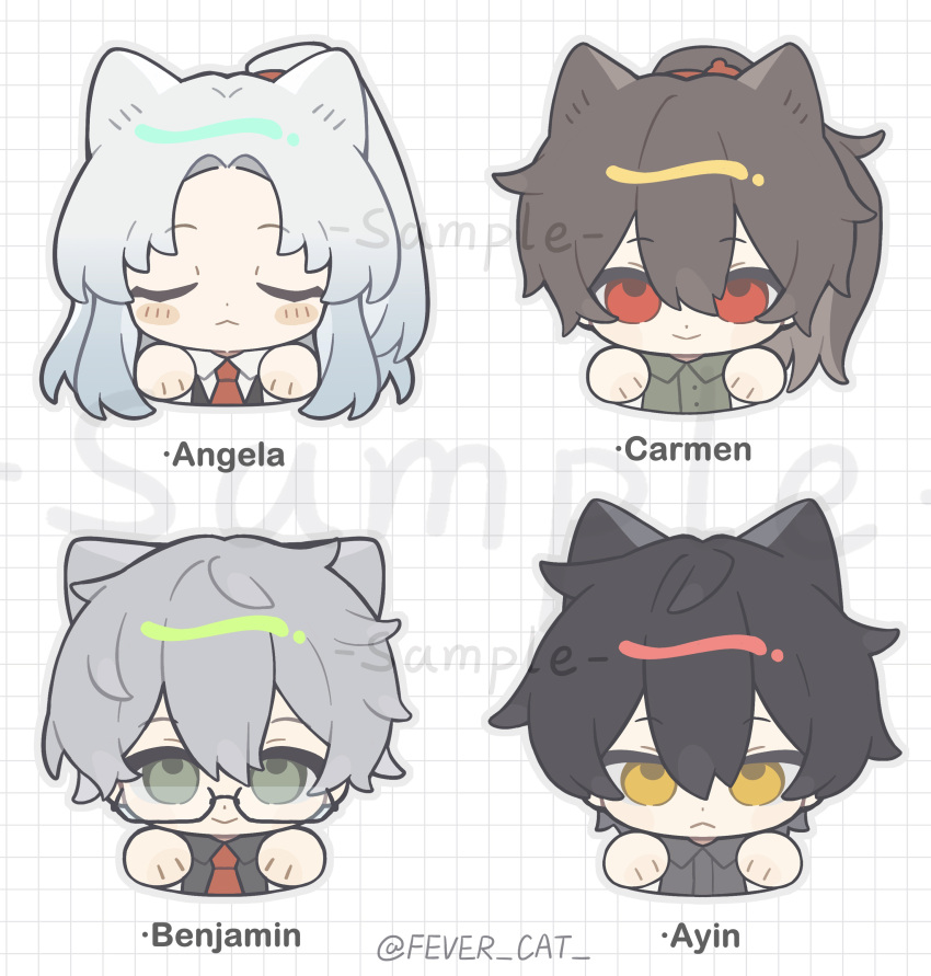 2boys 2girls :&gt; :&lt; absurdres angela_(project_moon) animal_ears artist_name ayin_(project_moon) benjamin_(project_moon) black-framed_eyewear black_hair black_shirt blue_hair brown_hair carmen_(project_moon) cat_boy cat_ears cat_girl character_name chibi closed_eyes closed_mouth collared_shirt fevercat glasses green_eyes green_shirt grey_hair grid_background hair_between_eyes highres lobotomy_corporation long_hair looking_at_viewer multiple_boys multiple_girls necktie parted_bangs paw_pose ponytail project_moon rectangular_eyewear red_eyes red_necktie sample_watermark semi-rimless_eyewear shirt short_hair simple_background smile straight-on twitter_username u_u under-rim_eyewear upper_body watermark white_background white_shirt wing_collar yellow_eyes