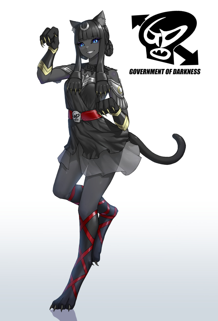 1girl animal_ears animal_feet animal_hands black_hair black_sclera black_skin blue_eyes cat_ears cat_girl cat_tail character_request claws colored_sclera colored_skin copyright_request digitigrade eidenjyou1997 full_body gradient_background grin highres kaijin long_hair monster_girl personification smile solo tail