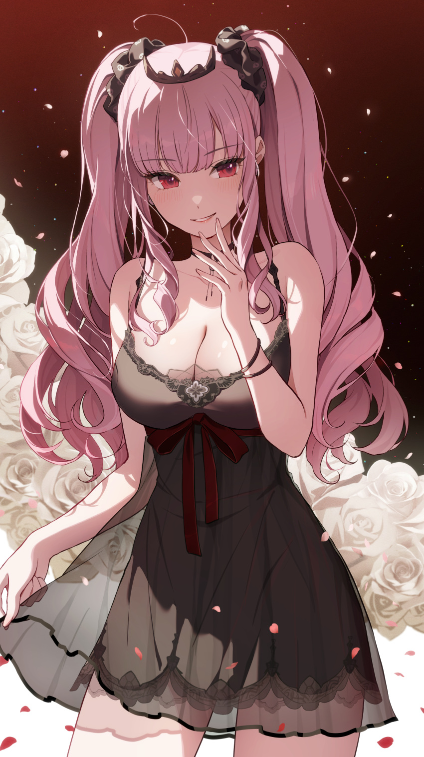 1girl absurdres bare_shoulders black_choker black_nightgown black_scrunchie bracelet breasts choker cleavage cowboy_shot falling_petals flower hair_ornament hair_scrunchie hand_up highres hololive hololive_english jewelry lace-trimmed_nightgown large_breasts light_blush long_hair looking_at_viewer maruta_(shummylass) mori_calliope mori_calliope_(sleepwear) nightgown official_alternate_costume parted_lips petals pink_hair red_eyes rose scrunchie skirt_hold sleepwear smile solo standing teeth tiara twintails virtual_youtuber white_flower white_rose