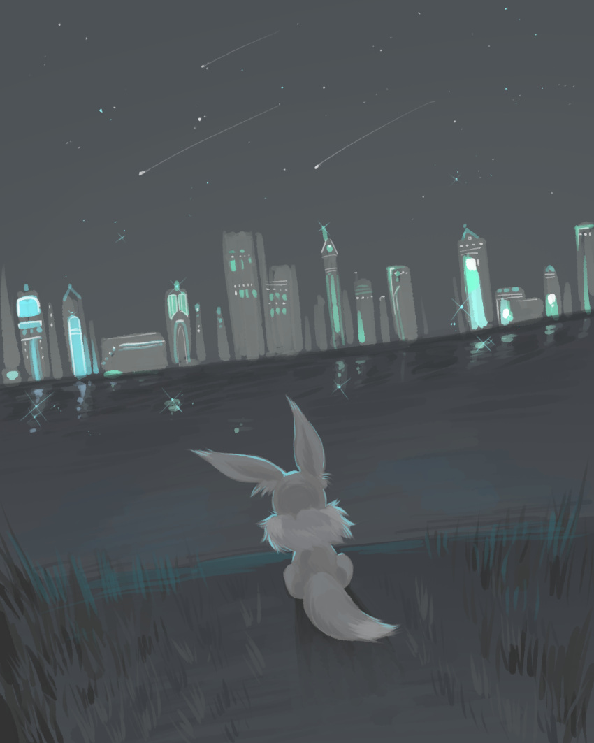 animal_focus backlighting building city_lights cityscape commentary dutch_angle eevee from_behind full_body grass grey_sky highres horizon meteor_shower muted_color neck_fur night no_humans on_ground outdoors pokemon pokemon_(creature) shooting_star sitting sky skyscraper sok_(mr14_c) solo sparkle star_(sky) water